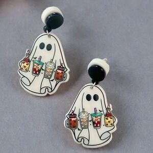 Adorable Iced Coffee Ghost Earrings Acrylic Bubble Tea Halloween